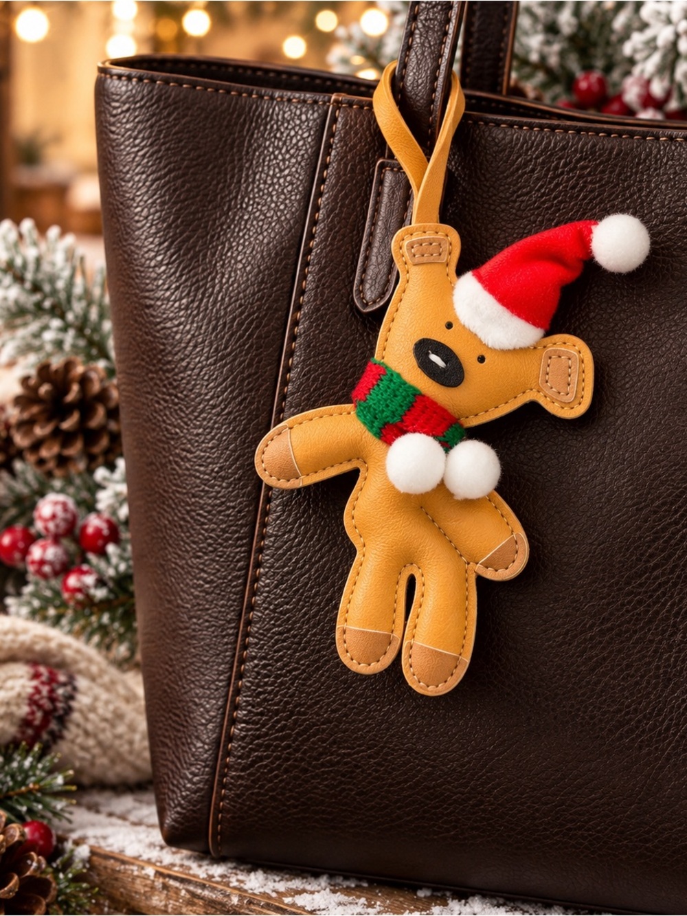 Christmas Bear Faux Leather Bag Charm / Keychain